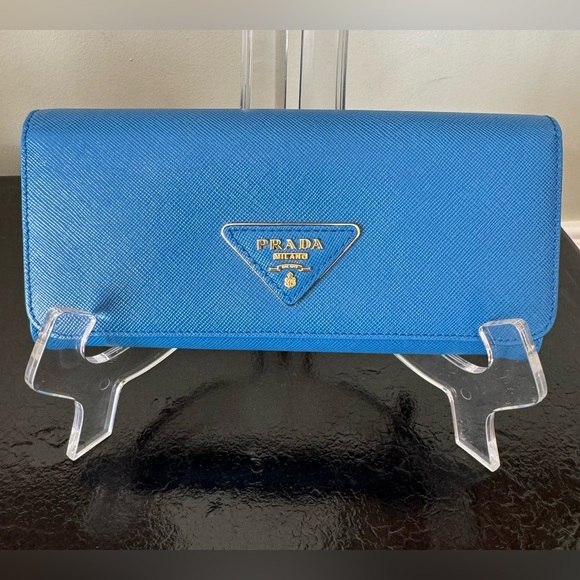 . Prada Long Saffiano Leather Triangle Wallet in Cobalt Blue - Picture 2 of 16